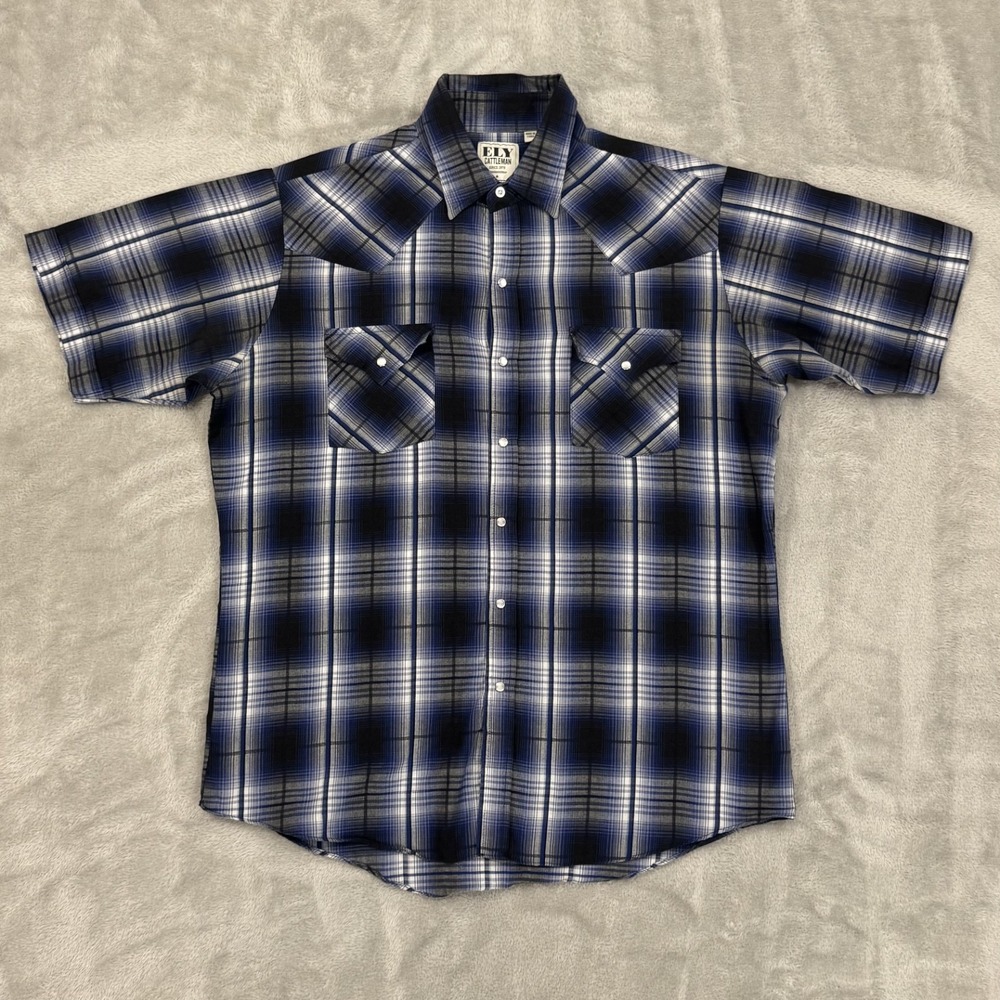 Ely Cattleman Shirt Mens Large Blue Plaid Western Pearl Snap Chest Pockets